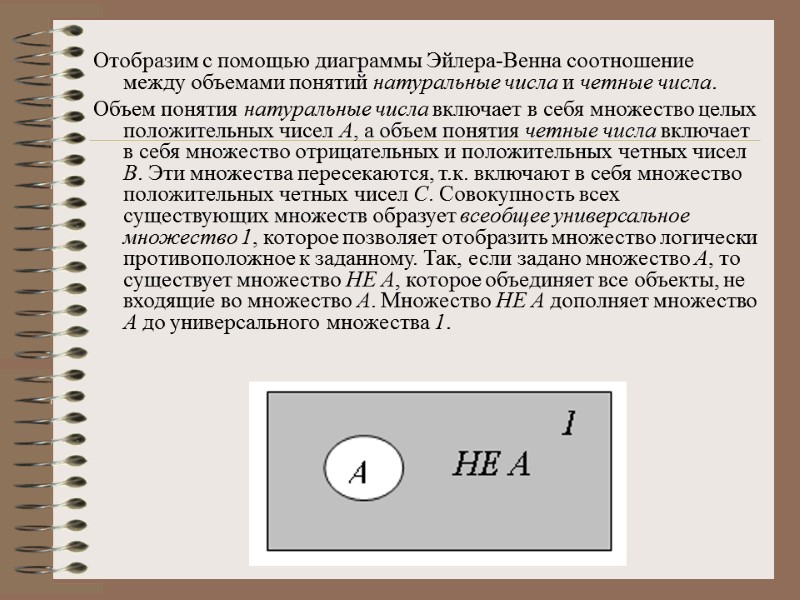 Отобразим с помощью диаграммы Эйлера-Венна соотношение между объемами понятий натуральные числа и четные числа.